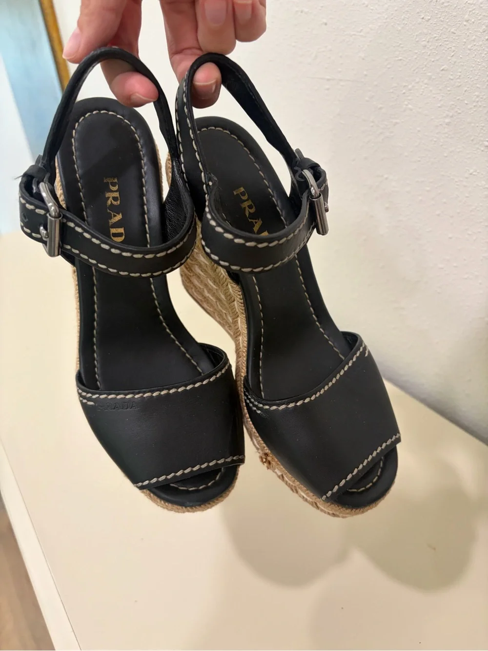 Prada Black Leather Espadrille Wedge Sandals with Contrast Stitching